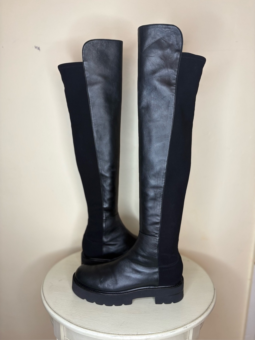 Stuart Weitzman Black Over-the-Knee Leather & Stretch Boots